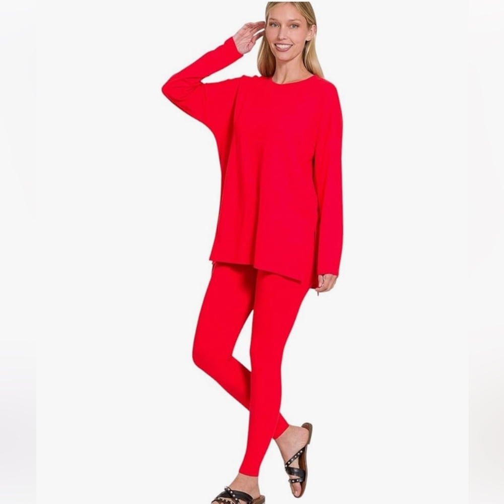 Zenana lounge all day crew long sleeve brushed microfiber set ruby small - Picture 6 of 6